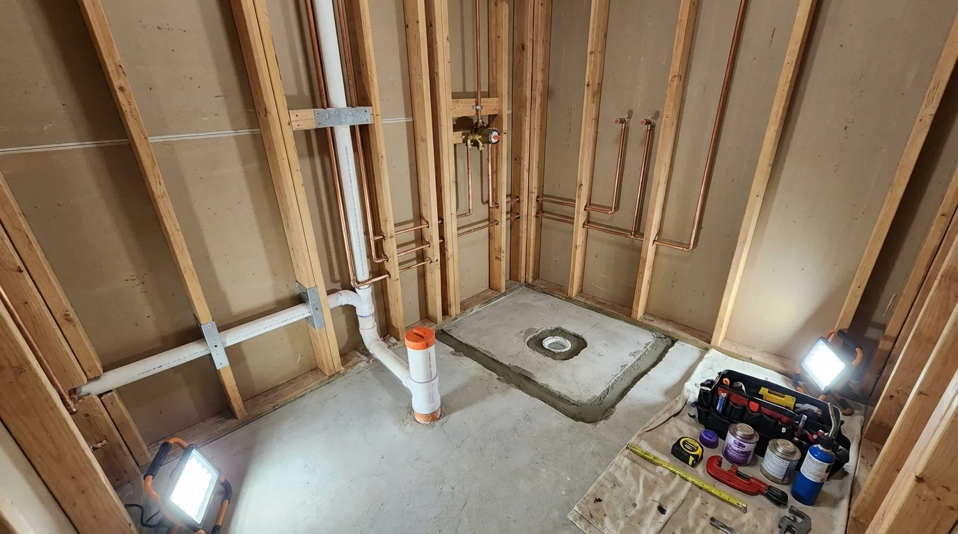 Bathroom rough-in plumbing during remodel by Johns Plumbing LLC in Spirit Lake