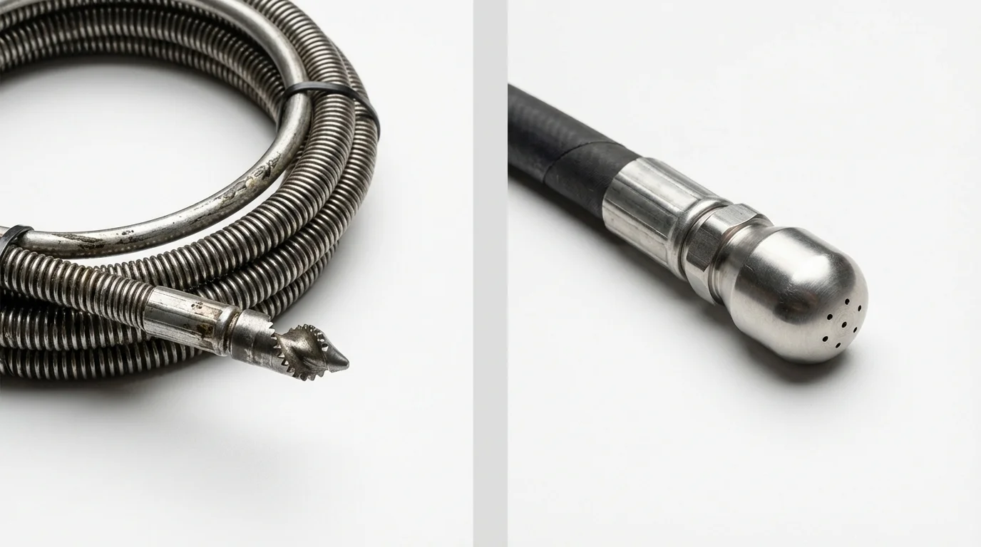 Drain snake cable and hydro jetting nozzle used for drain cleaning in Spirit Lake, IA