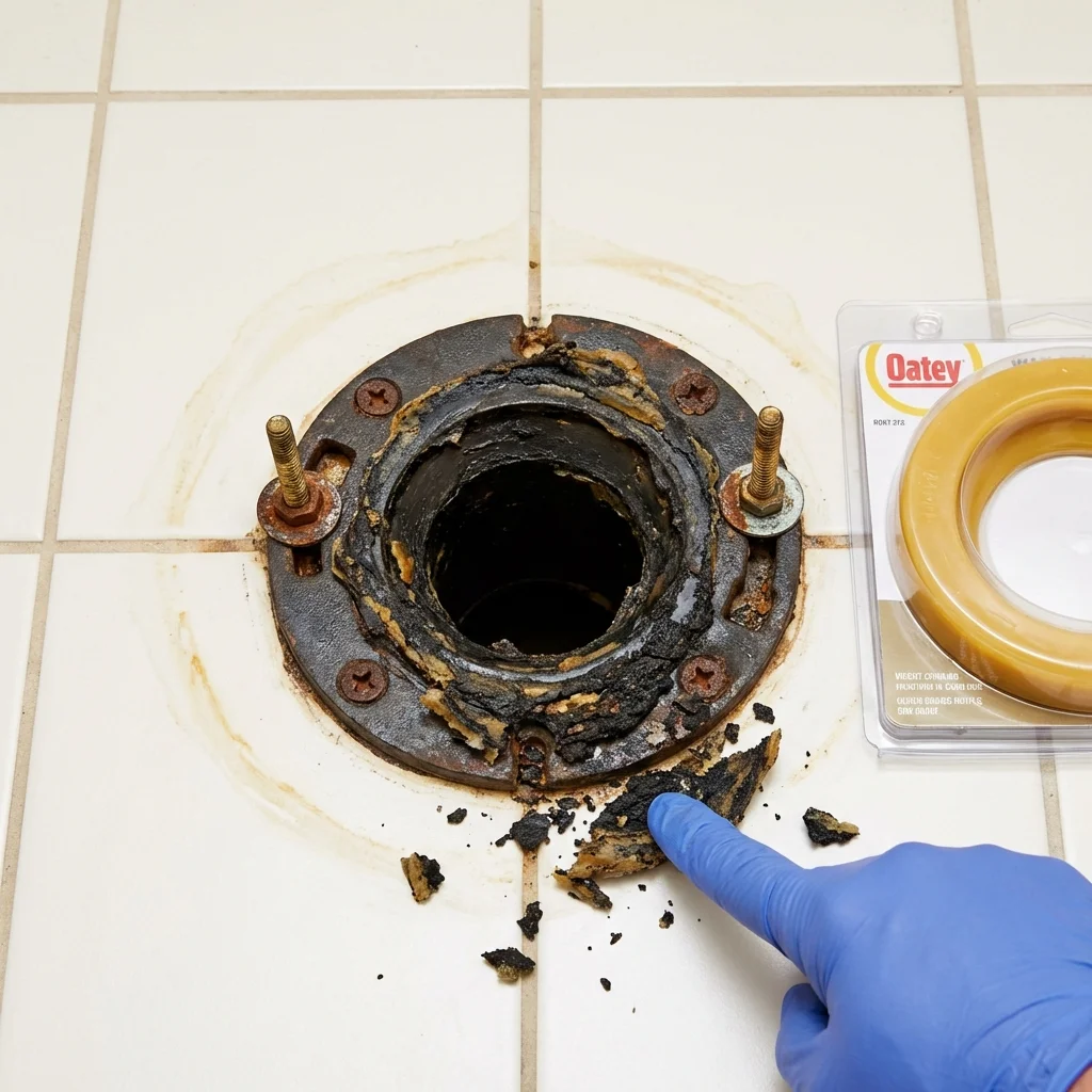 Failed wax ring showing water seepage at the base of a toilet in a Spirit Lake, IA home