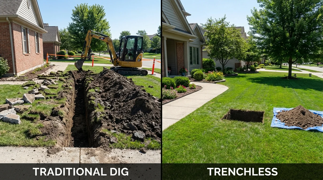Trenchless sewer repair with minimal yard damage versus traditional excavation in Spirit Lake, IA