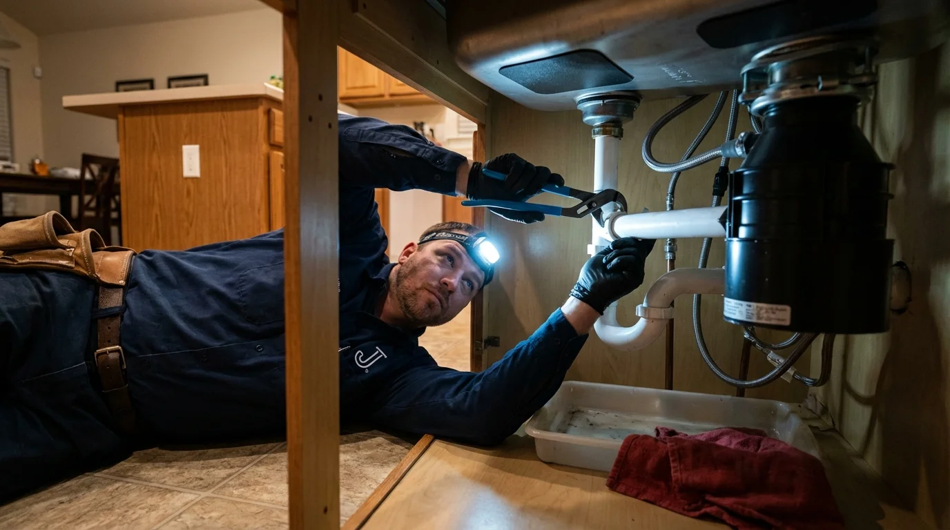 P-trap and supply line connections under a kitchen sink showing a common leak point in Spirit Lake, IA